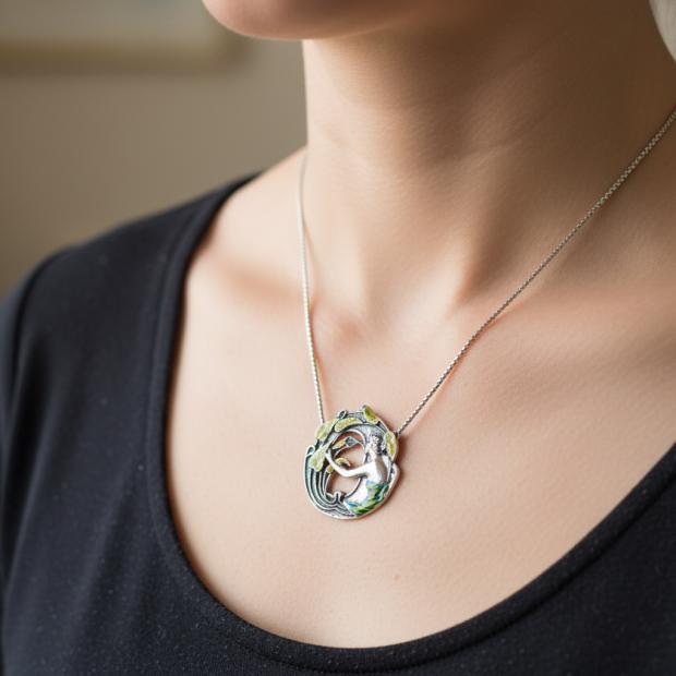 Art Nouveau "Nymph holding a leaf" silver pendantRef. code: CO0002Art Nouveau pendant made of sterling silver.Hand enameled dress.Museum pieces inspired by the most representative works of the Art Nouveau and Art Déco movement, and modernism from the late 19th and early 20th centuries.