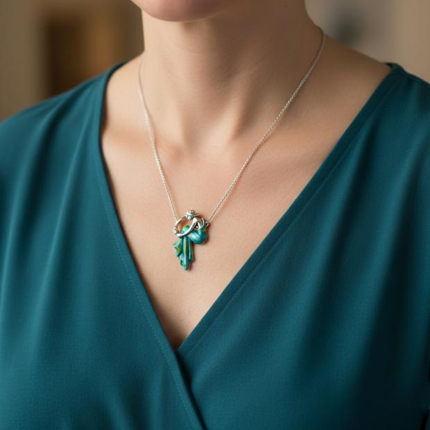 Art Nouveau "Seated woman" silver pendantRef. code: CO0011Art Nouveau pendant made of sterling silver.Hand enameled dress.Museum pieces inspired by the most representative works of the Art Nouveau and Art Déco movement, and modernism from the late 19th and early 20th centuries.