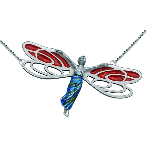 Silberner Jugendstil-Anhänger "Frau mit Libellenflügeln"Ref. Code: CO1568Anhänger aus glatt poliertem Edelstahl und emailliertem Sterlingsilber.Museumsstücke, die von den repräsentativsten Werken des Jugendstils, des Art déco und des Modernismus des späten 19. und frühen 20. Jahrhunderts inspiriert sind.