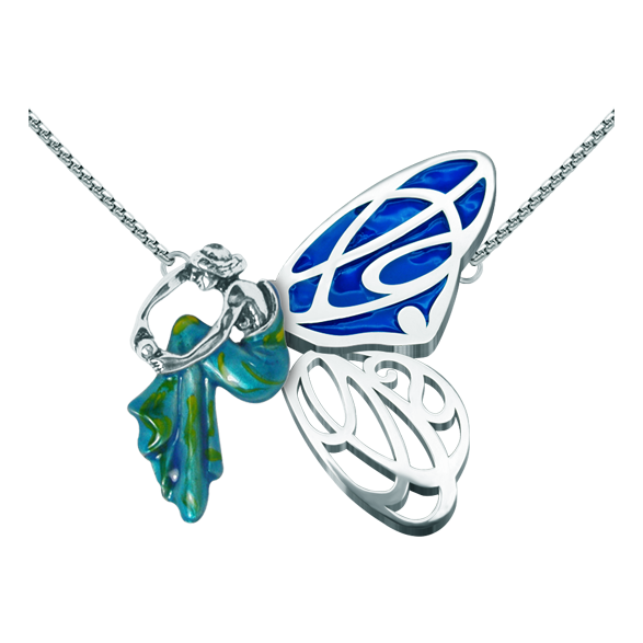 Pendentif Art nouveau en argent émaillé et acier inoxydable "Femme assise avec ailes de papillon"Referencia: CO1588Pendentif en acier inoxydable poli et en argent sterling émaillé.Pièces de musée inspirées des œuvres les plus représentatives des mouvements Art nouveau et Art déco, et du modernisme de la fin du XIXe siècle et du début du XXe siècle.