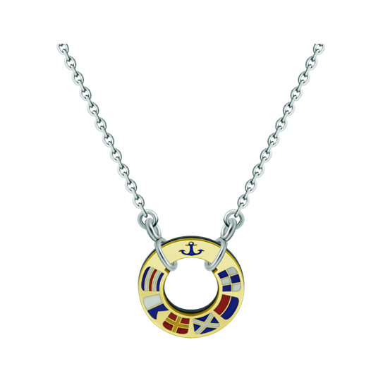 Colgante náutico de oro y acero "Banderas náuticas"Referencia: CO1844Colgante de rueda personalizada con banderas náuticas representando su nombre talladas en oro de 18 ktes y esmaltadas al horno en sus colores representativos.