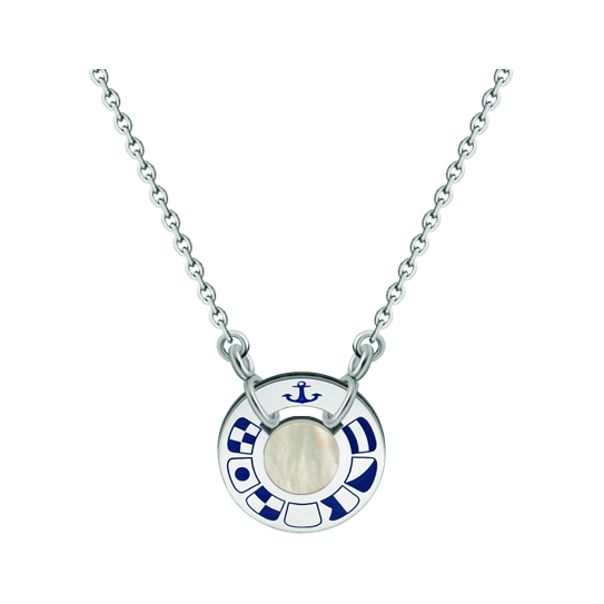 Colgante náutico de plata, acero y nacar "Banderas náuticas"Referencia: CO1847Colgante de rueda personalizada con banderas náuticas representando su nombre talladas en plata de ley y esmaltadas al horno en un color, con nacar en el centro.