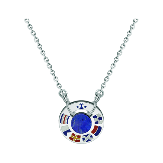 Colgante de plata, acero y lapislázuli "Banderas náuticas"Referencia: CO1848Colgante de rueda personalizada con banderas náuticas representando su nombre talladas en plata de ley y esmaltadas al horno en sus colores representativos, con un lapislázuli en el centro.