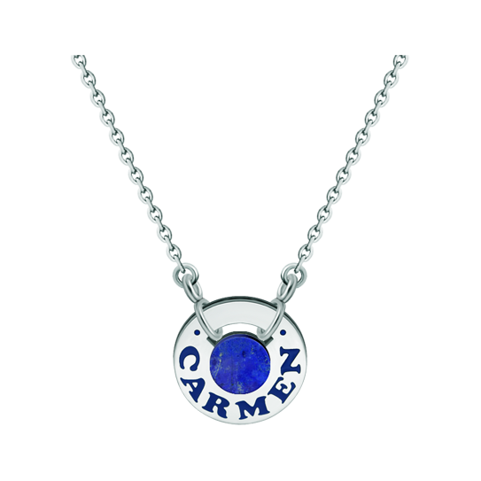 Colgante de plata, acero y lapislázuli personalizado "Nombre"Referencia: CO1858Colgante de rueda personalizada con su nombre tallado en plata de ley y esmaltado al horno, con un lapislázuli en el centro.