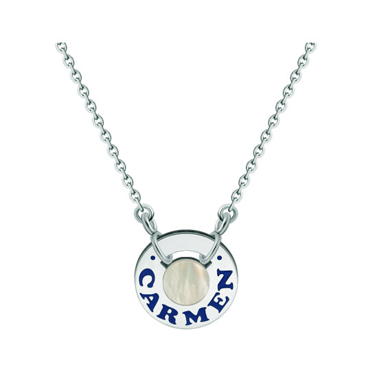 "Name" customized silver, steel and nacre pendantRef. code: CO1860Pendant made of soft stainless steel, customized name made of sterling silver, with nacre in the middle.
