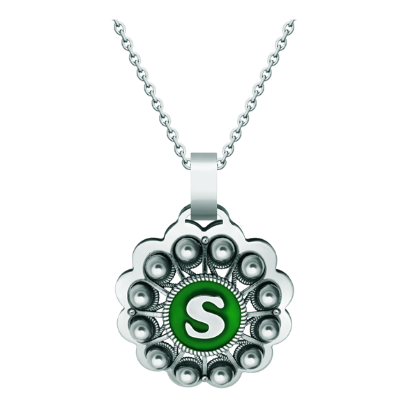 Colgante "Botón Charro" de plata personalizado Referencia: CO1941Colgante fabricado en plata de ley y acero pulido suave al tacto, personalizado con su inicial esmaltada al horno.