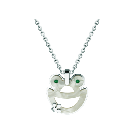 Colgante de Rana en acero y nacarReferencia: CO1969Colgante fabricado en acero pulido suave al tacto y celulosa de nacar.