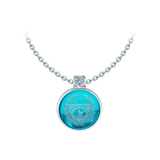 Silver Road Engineer Pendant with moissanite and colored crystalRef. code: CO2016Pendant made of sterling silver with a colored crystal cabochon of 18x18mm, with the anagram of the Colegio Oficial de Ingeniero de Caminos, Canales y Puertos engraved on the back of the crystal and a 5mm brilliant cut moissanite set.Moissanite is a precious gemstone created in a laboratory that has earned a special place in jewelry for its beauty and unique qualities, it dazzles for its brilliance superior to diamond and its great resistance (9.25 on the Mohs scale).Originally discovered in a meteorite at the end of the 19th century, this 