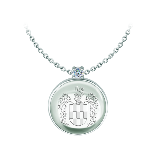 Silver pendant with heraldic coat of arms engraved on crystal and moissaniteRef. code: CO2018Pendant made in sterling silver with a 25x25mm stained glass cabochon, with the heraldic shield of his family name engraved on the back of the crystal and a 5mm brilliant cut moissanite set.Moissanite is a precious gemstone created in a laboratory that has earned a special place in jewelry for its beauty and unique qualities, it dazzles for its brilliance superior to diamond and its great resistance (9.25 on the Mohs scale).Originally discovered in a meteorite at the end of the 19th century, this 