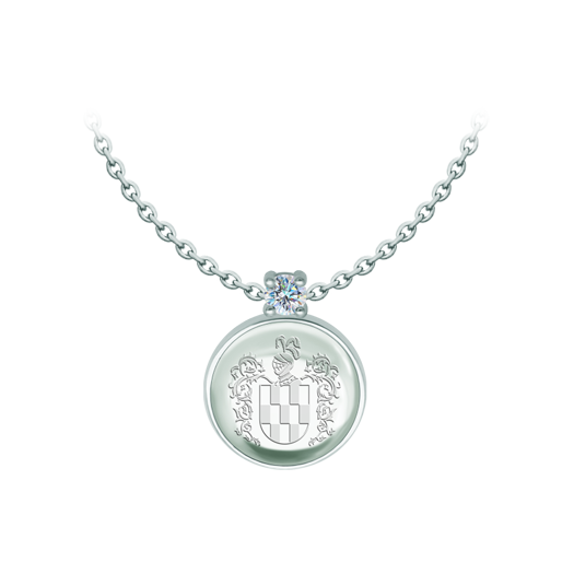 Silver pendant with heraldic coat of arms engraved in rock crystal and moissaniteRef. code: CO2019Pendant made in sterling silver with an 18x18mm stained glass cabochon, with the heraldic shield of his family name engraved on the back of the crystal and a 5mm brilliant cut moissanite set.Moissanite is a precious gemstone created in a laboratory that has earned a special place in jewelry for its beauty and unique qualities, it dazzles for its brilliance superior to diamond and its great resistance (9.25 on the Mohs scale).Originally discovered in a meteorite at the end of the 19th century, this 