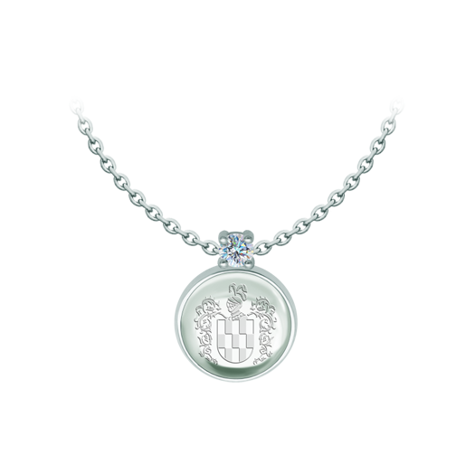 Silberner Anhänger mit eingraviertem Familienwappen in Bergkristall und MoissanitRef. Code: CO2020Anhänger aus Sterlingsilber mit einem 16x16 mm großen farbigen Glascabochon, auf dessen Rückseite das Wappen seines Familiennamens eingraviert ist, und einem darin gefassten 5 mm großen Moissanit mit Brillantschliff.Moissanit ist ein im Labor hergestellter Edelstein, der aufgrund seiner Schönheit und seiner einzigartigen Eigenschaften einen besonderen Platz in der Schmuckherstellung einnimmt. Er besticht durch seinen diamantenähnlichen Glanz und seine hohe Festigkeit (9,25 auf der Mohs-Skala).Ursprünglich wurde er Ende des 19. Jahrhunderts in einem Meteoriten entdeckt, und dieser 