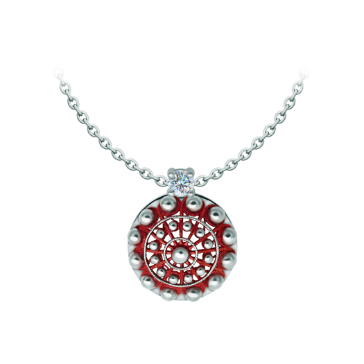 Enameled silver Charro Button Pendant with moissaniteRef. code: CO2024Pendant made of baked enameled sterling silver with a 5mm brilliant cut moissanite.Moissanite is a precious gemstone created in a laboratory that has earned a special place in jewelry for its beauty and unique qualities, it dazzles for its brilliance superior to diamond and its great resistance (9.25 on the Mohs scale).Originally discovered in a meteorite at the end of the 19th century, this 