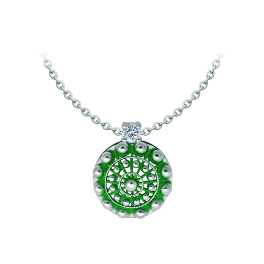 Colgante Botón Charro de plata esmaltada con moissanitaReferencia: CO2024Colgante fabricado en plata de ley esmaltada al horno acompañado de una moissanita talla brillante de 5mm engastada.La moissanita es una gema preciosa creada en laboratorio que se ha ganado un lugar especial en la joyería por su belleza y cualidades únicas, deslumbra por su brillo superior al del diamante y su gran resistencia (9,25 en la escala de Mohs).Descubierta originalmente en un meteorito a finales del siglo XIX, y ese origen “estelar” le otorga un encanto singular.Llena de destellos únicos, combina lujo y elegancia en una sola joya.