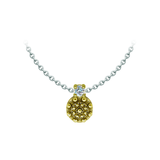 Colgante Boton Charro chapado en oro con moissanitaReferencia: CO2029Colgante chapado en oro acompañado de una moissanita talla brillante de 5mm engastada.La moissanita es una gema preciosa creada en laboratorio que se ha ganado un lugar especial en la joyería por su belleza y cualidades únicas, deslumbra por su brillo superior al del diamante y su gran resistencia (9,25 en la escala de Mohs).Descubierta originalmente en un meteorito a finales del siglo XIX, y ese origen “estelar” le otorga un encanto singular.Llena de destellos únicos, combina lujo y elegancia en una sola joya.