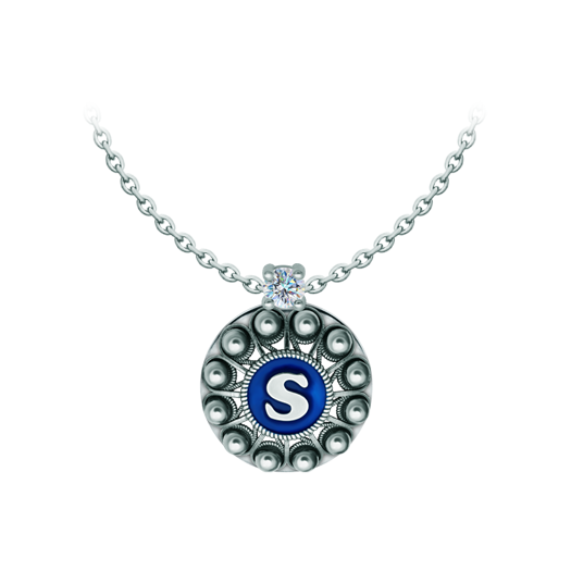 Personalized Charro Button Pendant in silver with moissaniteRef. code: CO2030Pendant made in sterling silver personalized with your name initial enameled in the oven with a 5mm brilliant cut moissanite set.Moissanite is a precious gemstone created in a laboratory that has earned a special place in jewelry for its beauty and unique qualities, it dazzles for its brilliance superior to diamond and its great resistance (9.25 on the Mohs scale).Originally discovered in a meteorite at the end of the 19th century, this 