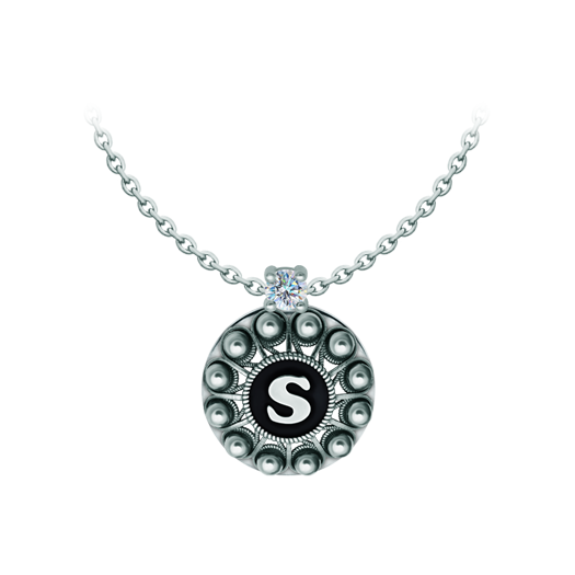 Personalized Charro Button Pendant in silver with moissaniteRef. code: CO2030Pendant made in sterling silver personalized with your name initial enameled in the oven with a 5mm brilliant cut moissanite set.Moissanite is a precious gemstone created in a laboratory that has earned a special place in jewelry for its beauty and unique qualities, it dazzles for its brilliance superior to diamond and its great resistance (9.25 on the Mohs scale).Originally discovered in a meteorite at the end of the 19th century, this 