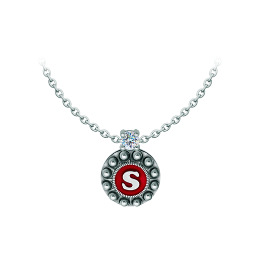 Personalized Charro Button Pendant in silver with moissaniteRef. code: CO2031Pendant made in sterling silver personalized with your name initial enameled in the oven with a 5mm brilliant cut moissanite set.Moissanite is a precious gemstone created in a laboratory that has earned a special place in jewelry for its beauty and unique qualities, it dazzles for its brilliance superior to diamond and its great resistance (9.25 on the Mohs scale).Originally discovered in a meteorite at the end of the 19th century, this 