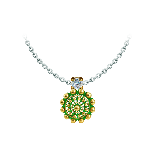 Pendentif « Boton Charro » plaqué or, émaillé et serti de moissaniteReferencia: CO2040Pendentif plaqué or et émaillé au four, orné d'une moissanite de 5 mm taillée en brillant.La moissanite est une pierre précieuse créée en laboratoire qui a gagné une place spéciale dans la joaillerie en raison de sa beauté et de ses qualités uniques. Elle éblouit par son éclat semblable à celui d'un diamant et par sa grande résistance (9,25 sur l'échelle de Mohs).Découverte à l'origine dans une météorite à la fin du 19e siècle, cette origine 