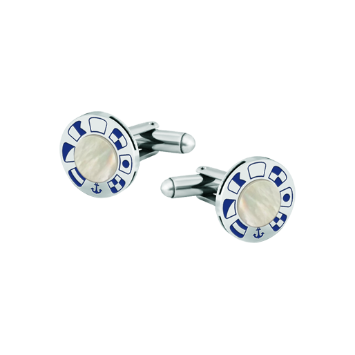 Gemelos náuticos de plata, acero y nacar "Banderas náuticas"Referencia: GE0366Gemelos de rueda personalizada con banderas náuticas representando su nombre talladas bajo relieve en plata de ley, con nácar en el centro.