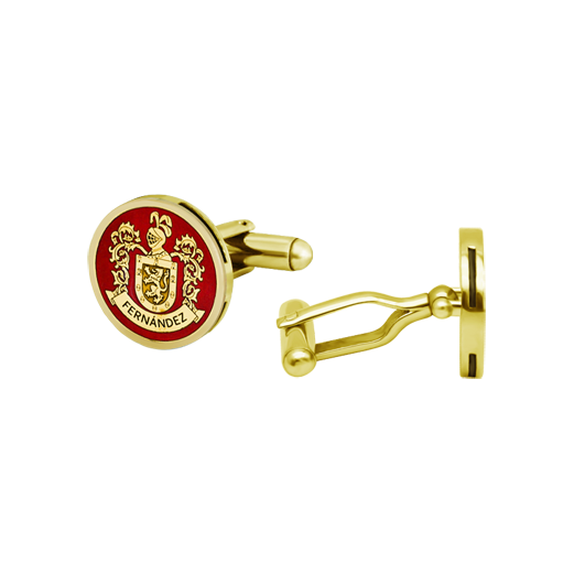 Gold plated and enameled heraldic cuff linksRef. code: GE0404Personalized cufflinks with the heraldic coat of arms of your family name carved in bas-relief and enameled in the oven.Craftsmanship of great meticulousness.