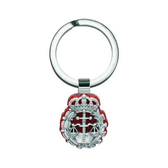 Llavero de profesion de Derecho en plata, celulosa y aceroReferencia: LL0340Llavero con escudo del colegio de Abogados en plata de ley, sobre celulosa de colores y acero pulido.