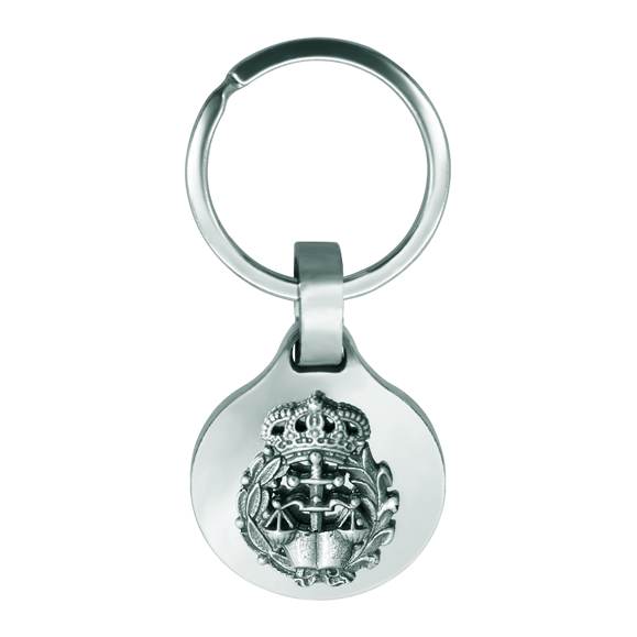 Llavero de profesion de Derecho en plata y aceroReferencia: LL0345Llavero con escudo del colegio de Abogados en plata de ley sobre acero pulido de 2mm.