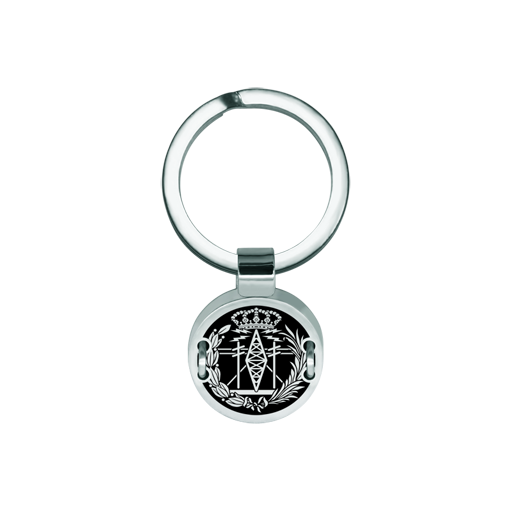 Telecommunications Engineering School Keychain in Silver, Steel, and AluminumRef. code: LL0349Keychain featuring the coat of arms of the Telecommunications Engineering profession, carved and enameled on aluminum and embroidered with silver thread on polished steel.
