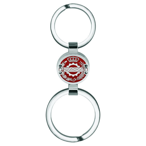 Llavero de profesión Empresariales en plata, acero y aluminioReferencia: LL0350Llavero con escudo de la facultad de Empresariales tallado y esmaltado en aluminio y cosido con hilo de plata en acero pulido.