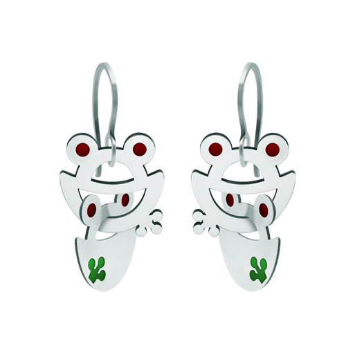 Edelstahl-Ohrringe "Froschsilhouette"Ref. Code: PE3201Ineinander greifende Frosch-Ohrringe aus einbrennlackiertem, poliertem Stahl.
