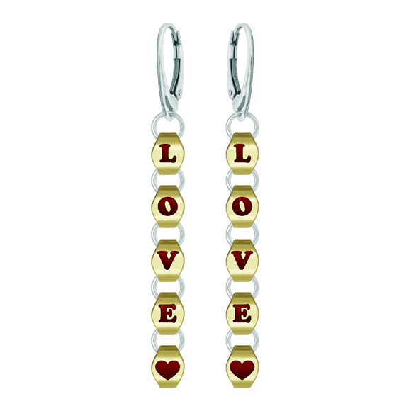 Ohrringe aus Gold und Stahl "LOVE"
Ref. Code: PE3253
Ohrringe mit einem Herz und dem Wort LOVE, geschnitzt und emailliert in 9kt Gold und Stahlgliedern.