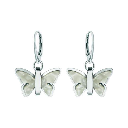 Pendientes de Mariposas Art Déco de acero y nácarReferencia: PE3296Pendientes fabricados en acero pulido suave al tacto y celulosa de nácar.Piezas de museo inspiradas en las obras mas representativas del movimiento Art Nouveau y Art Déco, y del modernismo de finales del siglo XIX y principios del siglo XX.