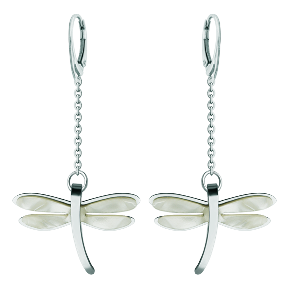 Art Deco dragonfly earrings in steel and mother-of-pearlRef. code: PE3300Earrings made of polished steel smooth to the touch and mother-of-pearl cellulose.Museum pieces inspired by the most representative works of the Art Nouveau and Art Deco movements, and the modernism of the late nineteenth and early twentieth centuries.
