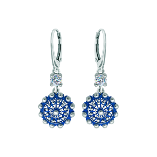 Charro Button Enameled silver earrings with moissaniteRef. code: PE3358Earrings made of baked enameled sterling silver with a 5mm brilliant cut moissanite.Moissanite is a precious gemstone created in a laboratory that has earned a special place in jewelry for its beauty and unique qualities, it dazzles for its brilliance superior to diamond and its great resistance (9.25 on the Mohs scale).Originally discovered in a meteorite at the end of the 19th century, this 