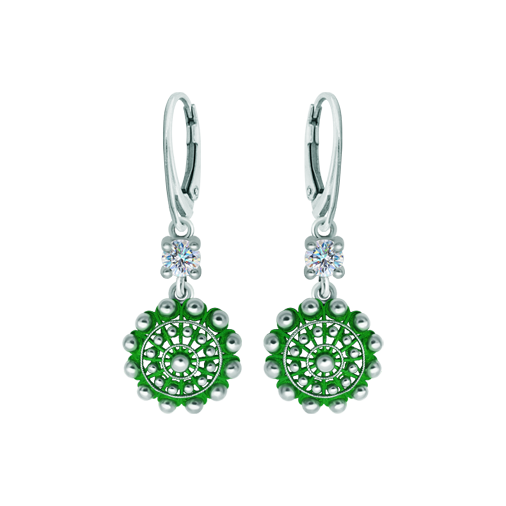 Charro Button Enameled silver earrings with moissaniteRef. code: PE3358Earrings made of baked enameled sterling silver with a 5mm brilliant cut moissanite.Moissanite is a precious gemstone created in a laboratory that has earned a special place in jewelry for its beauty and unique qualities, it dazzles for its brilliance superior to diamond and its great resistance (9.25 on the Mohs scale).Originally discovered in a meteorite at the end of the 19th century, this 