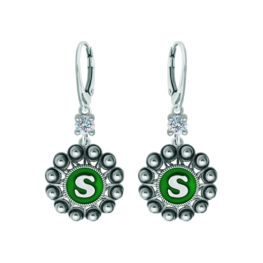 Personalized earrings Charro Button in silver with moissaniteRef. code: PE3363Earrings made in sterling silver personalized with your name initial enameled in the oven with a 5mm brilliant cut moissanite set.Moissanite is a precious gemstone created in a laboratory that has earned a special place in jewelry for its beauty and unique qualities, it dazzles for its brilliance superior to diamond and its great resistance (9.25 on the Mohs scale).Originally discovered in a meteorite at the end of the 19th century, this 