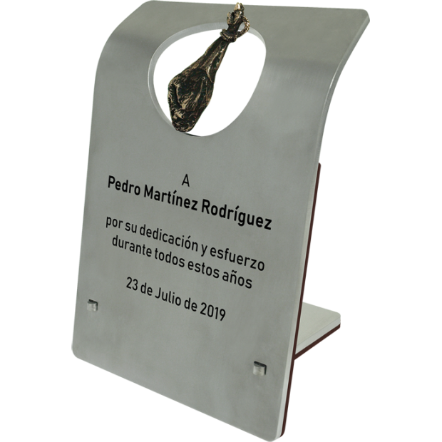 Special steel and bronze prize "Ham"Ref. code: PL0219Trophy made of solid steel with polished bronze ham.Possibility of engraving a commemorative text.We create different trophies, awards or commemorative plaques, personalized with any anagram, shield or logo.