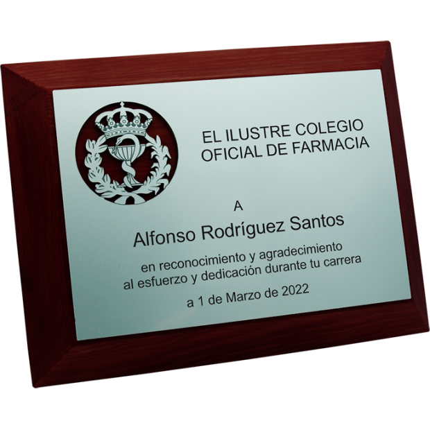 Tribute plaque in solid walnut "Pharmacy"Ref. code: PL0342Commemorative plaque made of solid walnut wood with steel openwork anagram.We create different trophies, awards or commemorative plaques, personalized with any anagram, shield or logo.Plate dimensions: 26x20x3cm.Also available in 30x24x3cm.Possibility of engraving a commemorative text.We customize with any anagram, shield or logo.We have all professions and careers available: Advocacy (Lawyer / Law), Commercial Agent, Quantity Surveyor, Architect (Architecture), ATS (Nursing), Fine Arts, Biological Sciences (Biology), Exact Sciences, Physical Sciences, Political Sciences, Political and Economic Sciences, Chemical Sciences, Commerce, Draftsman, Economics, Business, Pharmacy, Philosophy and Letters, Geography, Geological (Geology), Social Graduate, Computer Science, Agricultural Engineering, Civil Engineering, Electronic Engineering, Forestry Engineering, Mining Engineering, Naval Engineering, Higher Industrial Engineering, Industrial Technical Engineering, Telecommunications Engineering, Textile Engineering, Jewelry, Teaching, Medicine, Music, Psychology, Topography, Dentistry, Optics, Journalism, Veterinary Medicine.And if we don't have yours, please contact us.