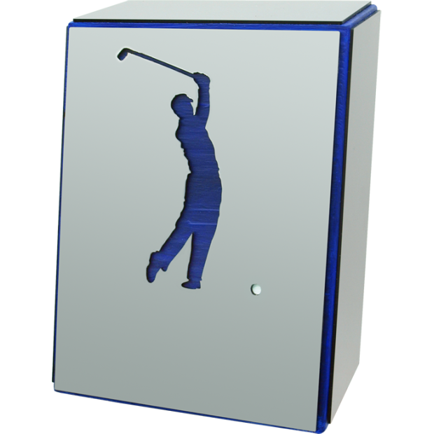 Sports trophy in steel and wood "Golf player"Ref. code: PL0373Sports trophy made of solid wood and steel.Exclusive piece with a unique design with unsupported inclination.Possibility of engraving a commemorative text.We create different trophies, awards or commemorative plaques, personalized with any anagram, shield or logo.Measures: 14x18x6cm.
