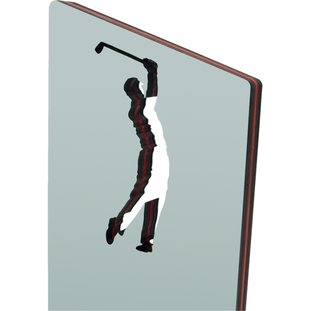 Steel and wood openwork sports trophy "Golf Player"Ref. code: PL0426Sports award made of steel and solid wood with an openwork golf player.Possibility of engraving a commemorative text.We create different trophies, awards or commemorative plaques, personalized with any anagram, shield or logo.