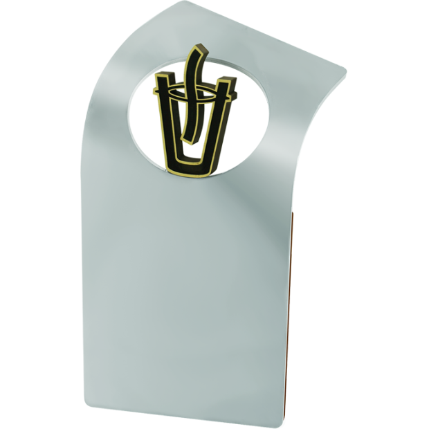 "UNESID" Steel TrophyRef. code: PL0411Plaque made of solid steel and wood.Openwork logo engraved on a gold surface.Support parts designed and manufactured exclusively by Joaquín Prior.Possibility of engraving a commemorative text.We create different trophies, awards or commemorative plaques, personalized with any anagram, shield or logo.