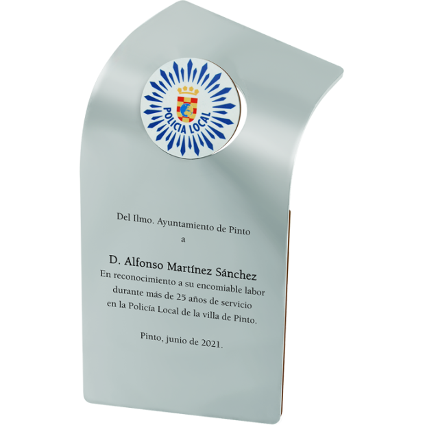 Premio institucional de acero "Policia Local"Referencia: PL0413Trofeo fabricado en acero macizo con escudo a color vitrificado sobre acero.Motivo de 60mm de diámetro.Posibilidad de grabar un texto conmemorativo.Creamos trofeos, premios o placas conmemorativas diferentes, personalizados con cualquier anagrama, escudo o logotipo.