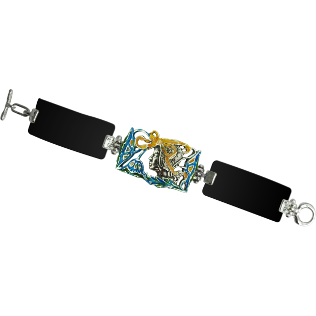 Silber- und Zellulose-Armband im Jugendstil "Frau mit Blumen und Schleifen"Ref. Code: PU0213Jugendstil-Armband aus schwarzer Zellulose und Sterlingsilber.Blaue, gelbe und bernsteinfarbene emaillierte Blumen.Museumsstücke, die von den repräsentativsten Werken des Jugendstils, des Art déco und des Modernismus des späten 19. und frühen 20. Jahrhunderts inspiriert sind.