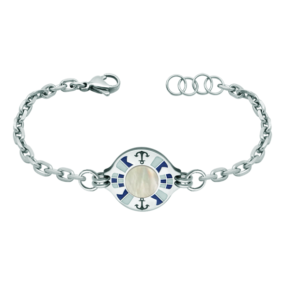 Bracelet personnalisé en argent, nacre et acier inoxydable "Drapeaux nautiques"Referencia: PU2264Bracelet en argent sterling et acier avec son nom représenté avec des drapeaux nautiques émaillés, terminé par une pièce de nacre naturelle au centre, monté sur une chaîne en acier avec un fermoir Shark.
