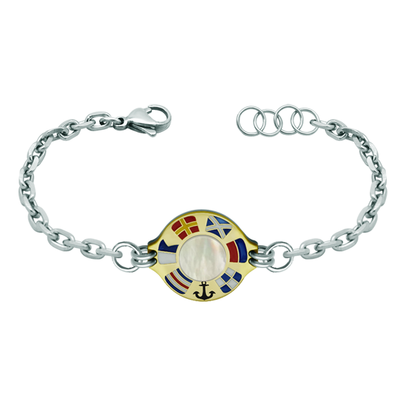 Bracelet personnalisé en or, nacre et acier inoxydable "Drapeaux nautiques"Referencia: PU2265Bracelet en or 18 carats et acier avec son nom représenté par des drapeaux nautiques émaillés, terminé par une pièce de nacre naturelle au centre, monté sur une chaîne en acier avec un fermoir Shark.