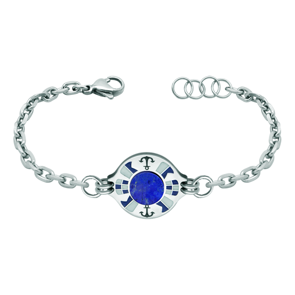 Pulsera de plata, lapislázuli y acero personalizada "Banderas náuticas"Referencia: PU2268Pulsera fabricada en plata esterlina y acero con su nombre representado con banderas náuticas esmaltadas, acabado con una pieza de lapislázuli en el centro, montado sobre una cadena de acero con cierre de Tiburón.