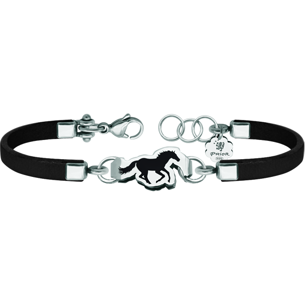 "Horse" silver, leather and steel braceletRef. code: PU2574Equestrian bracelet made of leather and polished steel, with a horse carved in sterling silver and enameled, with an exclusive steel click clasp.