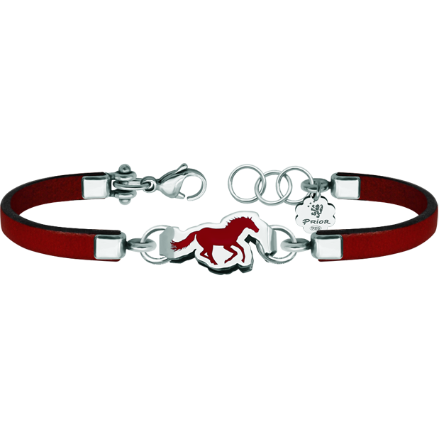 Silber, Leder und Stahl Armband "Pferd"Ref. Code: PU2574Reiterarmband aus Leder und poliertem Stahl, mit einem in Sterlingsilber geschnitzten und emaillierten Pferd und einem einzigartigen Klickverschluss aus Stahl.