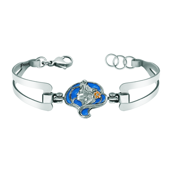 Bracelet Art nouveau en argent et acier inoxydable "Femme à la fleur"Referencia: PU2678Bracelet Art nouveau en argent sterling émaillé à la main et bracelet en acier.Pièces de musée inspirées des œuvres les plus représentatives des mouvements Art nouveau et Art déco, et du modernisme de la fin du XIXe siècle et du début du XXe siècle.
