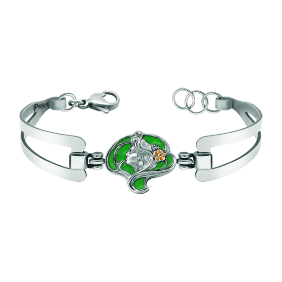 Bracelet Art nouveau en argent et acier inoxydable "Femme à la fleur"Referencia: PU2678Bracelet Art nouveau en argent sterling émaillé à la main et bracelet en acier.Pièces de musée inspirées des œuvres les plus représentatives des mouvements Art nouveau et Art déco, et du modernisme de la fin du XIXe siècle et du début du XXe siècle.
