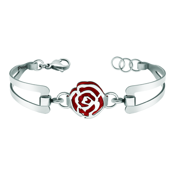 Jugendstil-Armband aus Silber und Stahl "Rose"Ref. Code: PU2679Armband aus poliertem Edelstahl, mit einer durchbrochenen Jugendstilrose aus Sterlingsilber und emailliert, mit einem exklusiven Jugendstilarmband.